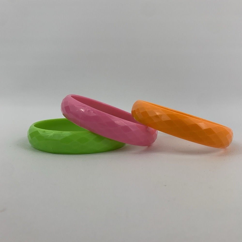 Vibrant Neon Hot Pink Green Orange Faceted Diamond Pattern Bangle Bracelets 80's